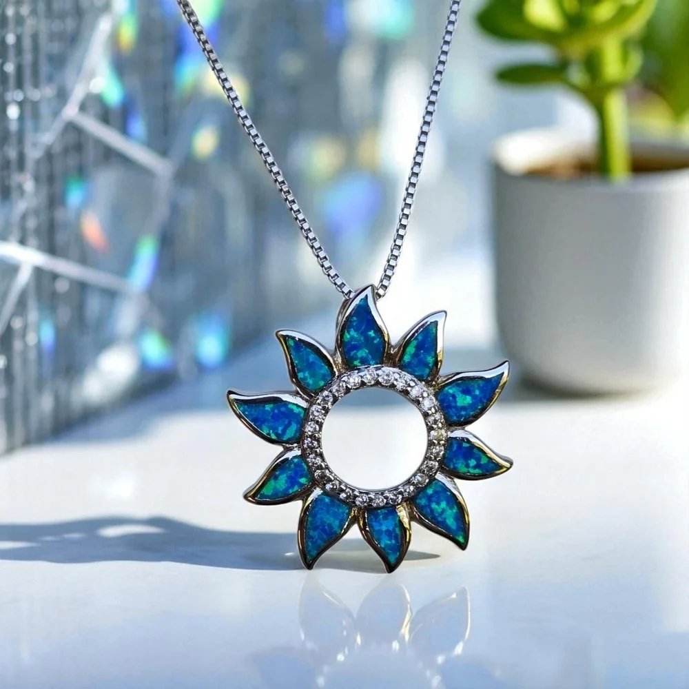 Sterling Silver 925 Necklace Silver 925 Blue Sunflower Opal Pendant Necklace - Picture 3 of 17